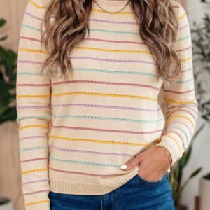 Beige Stripe Colorful Stripes Crew Neck Knit Sweater