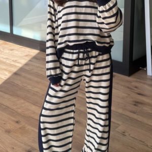 Beige Stripe Relaxed Long Sleeve Top Color Block Detail Drawstring Pant Set