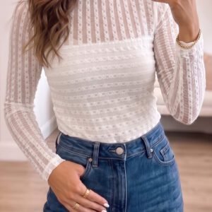 Beige Textured Sheer Lace High Neck Long Sleeve Top