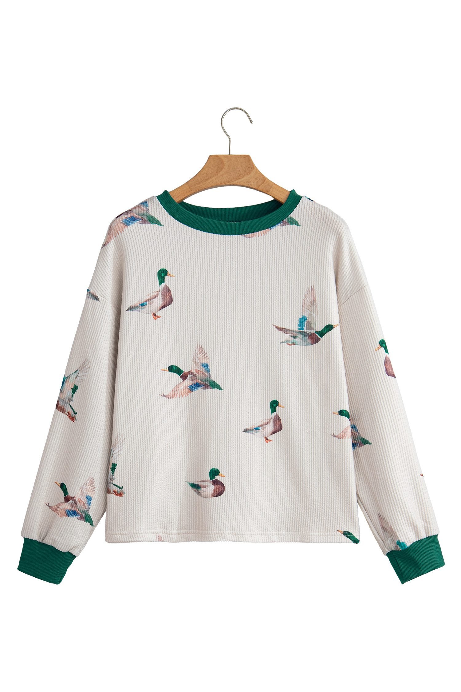 Beige Twisted Ribbed Duck Print Crewneck Casual Pullover Top