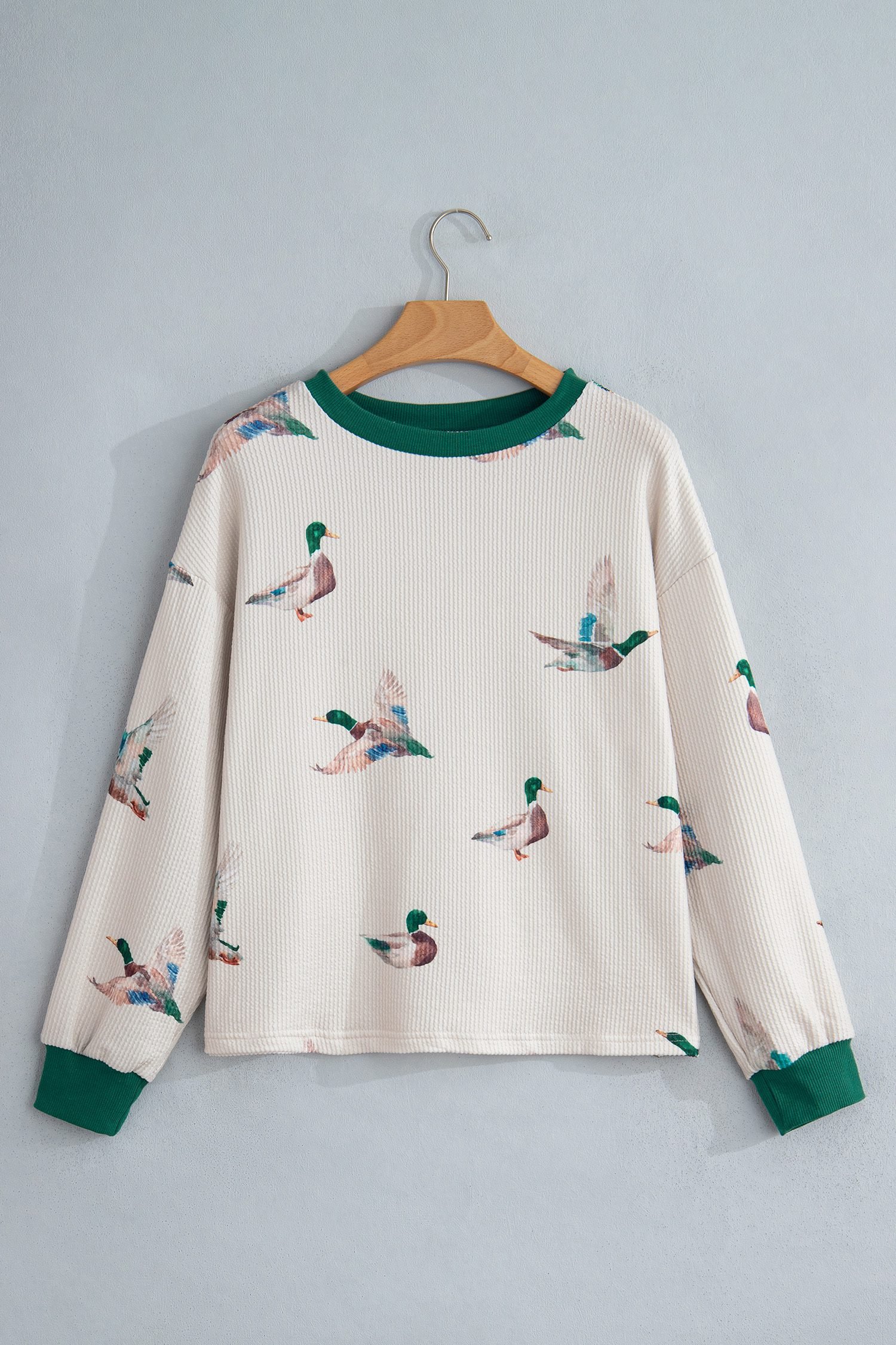 Beige Twisted Ribbed Duck Print Crewneck Casual Pullover Top