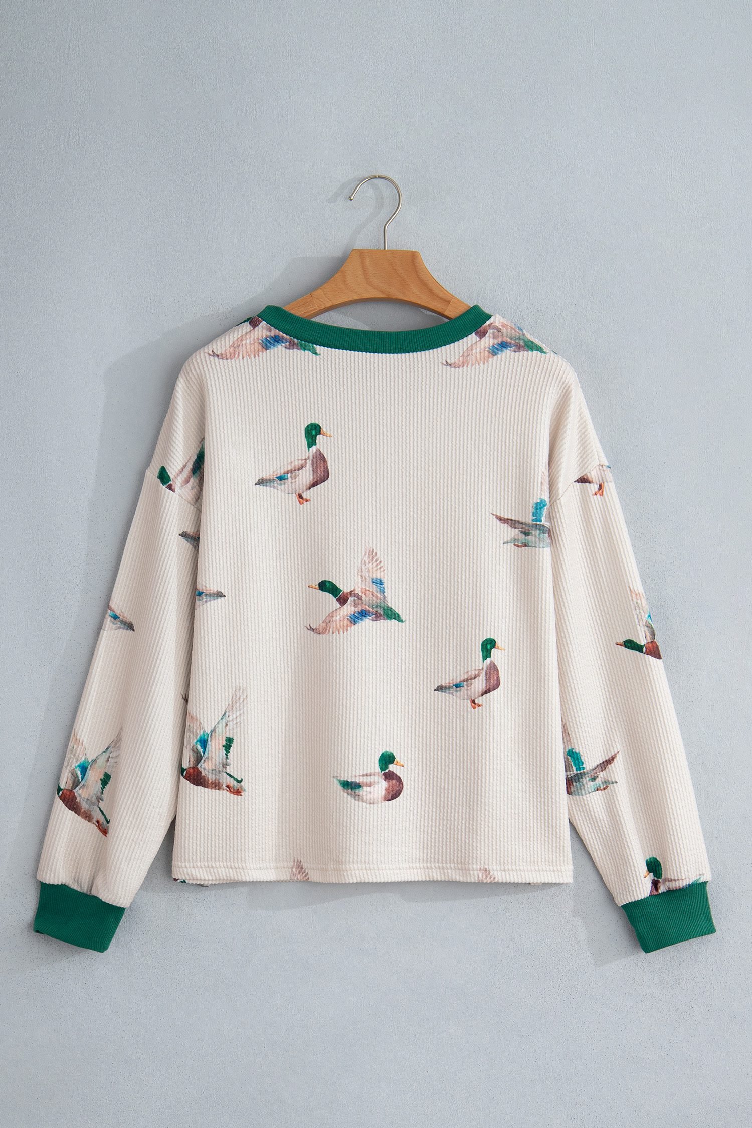 Beige Twisted Ribbed Duck Print Crewneck Casual Pullover Top