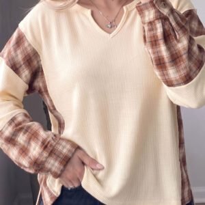 Beige Waffle Textured V Neck Plaid Colorblock Drop Shoulder Long Sleeve Top