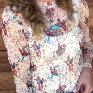 Beige Western Cowboy Floral Print Sheer Mesh Long Sleeve Top
