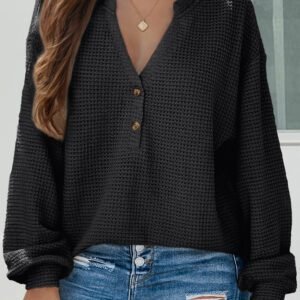 Black Button Notched Neck Waffle Knit Long Sleeve Top