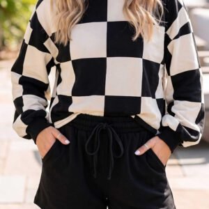 Black Checkerboard Plaid Long Sleeve Solid Color Shorts 2pcs Set