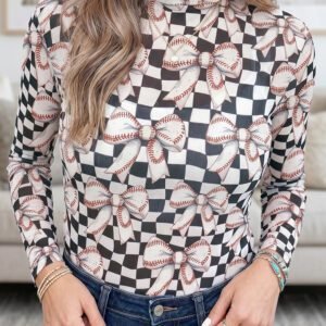 Black Checkered Baseball Bow Print High Neck Long Sleeve Mesh Top