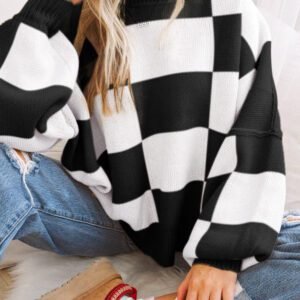 Black Checkered Bishop Sleeve Sweater