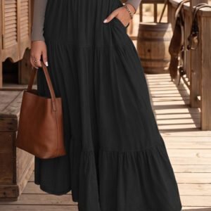 Black Elastic Waist Ruffled Tiered Flared Denim Maxi Skirt