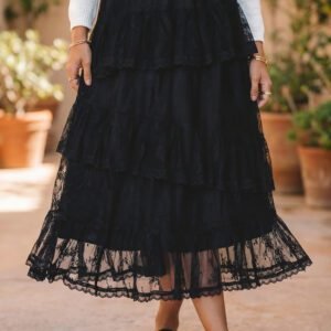 Black Elegant Ruffle Lace Tiered Skirt
