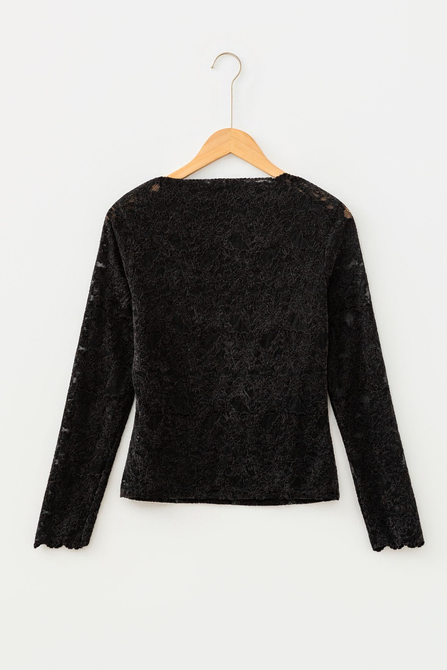 Black Elegant Stand Neck Lace Long Sleeve Top