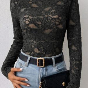 Black Elegant Stand Neck Lace Long Sleeve Top