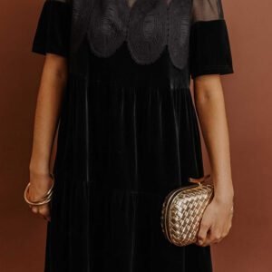 Black Embroidered Velvet Short Sleeve Mini Shift Dress