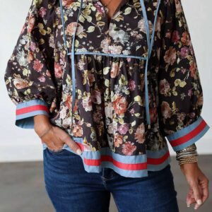 Black Floral Print Contrast Trim Tie V Neck Bracelet Sleeve Blouse