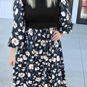 Black Floral Print Long Sleeve Round Neck Shift Plus Size Dress