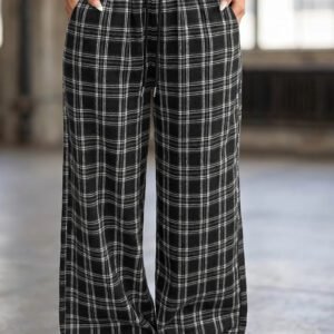 Black Frenchy Plaid Pattern Contrast Drawstring Waist Wide Leg Pants