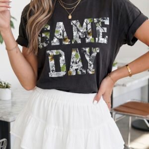 Black Game Day Camo Letter Print Round Neck Casual T Shirt