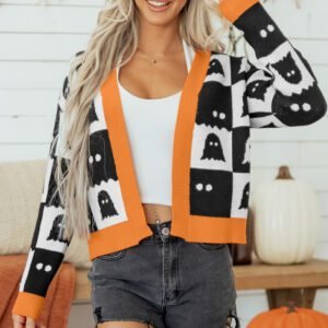 Black Geometric Ghost Print Drop Shoulder Knit Cardigan