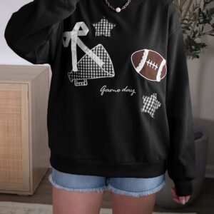Black Gingham Patch Embroidered Rugby Game Day Stars Sweatshirt