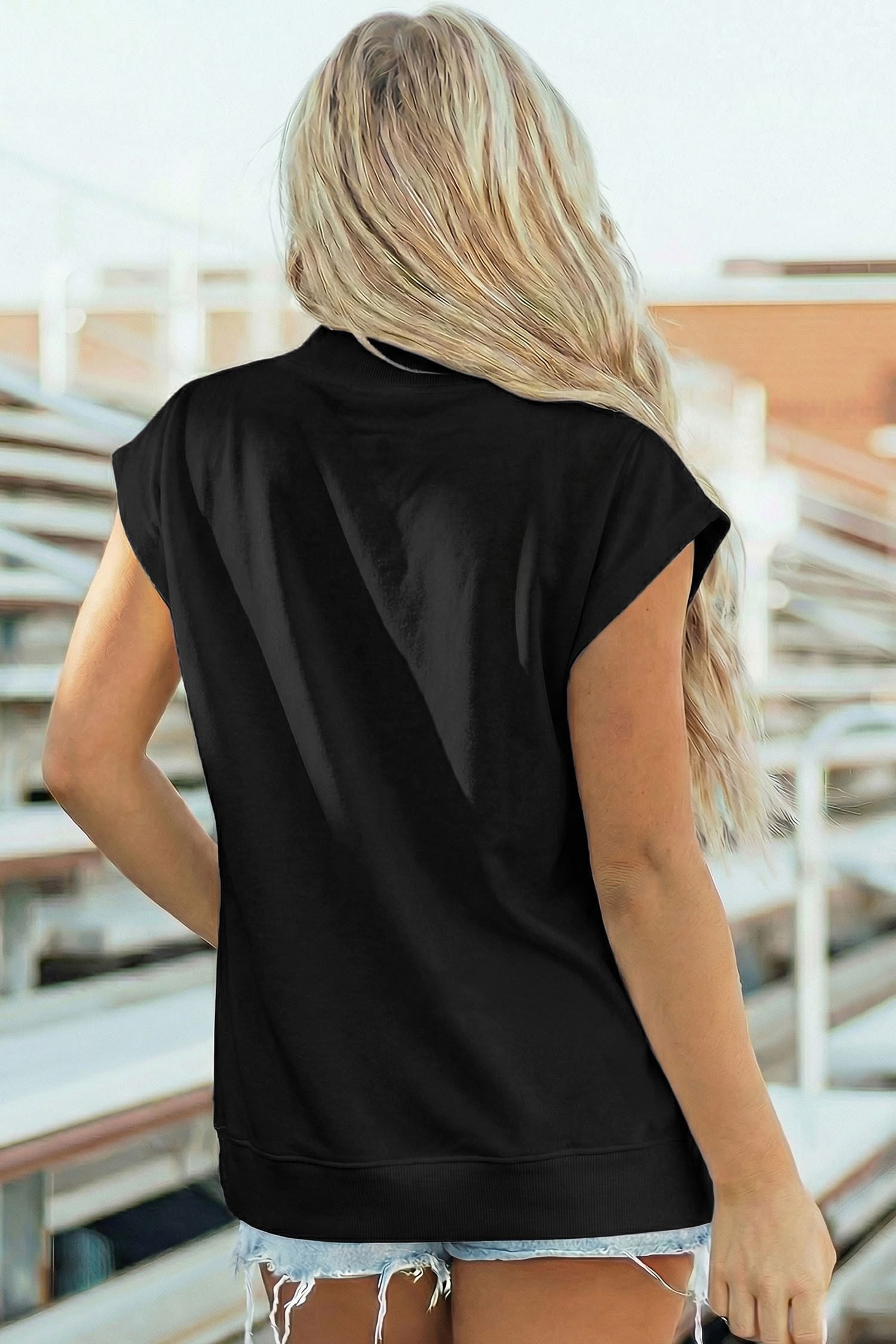 Black Glitter Ghost Print High Neck Cap Sleeve Top