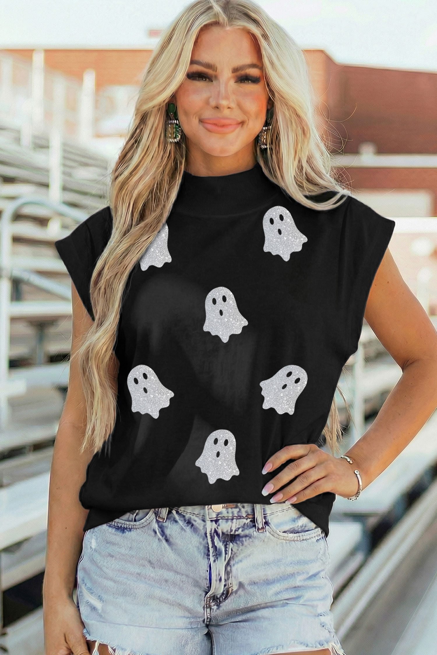 Black Glitter Ghost Print High Neck Cap Sleeve Top