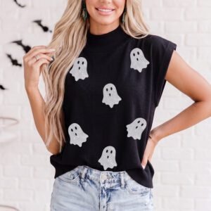Black Glitter Ghost Print High Neck Cap Sleeve Top