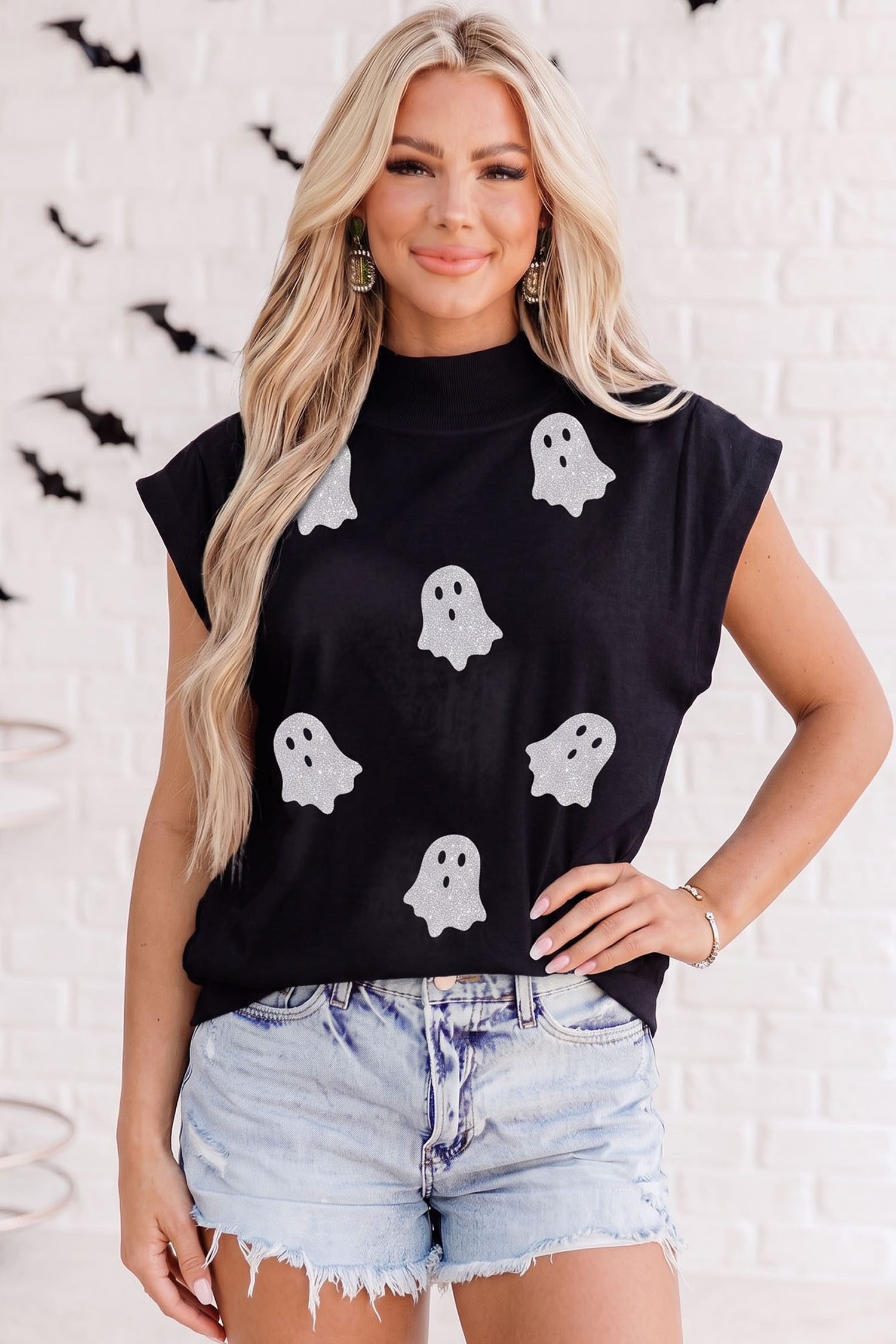 Black Glitter Ghost Print High Neck Cap Sleeve Top