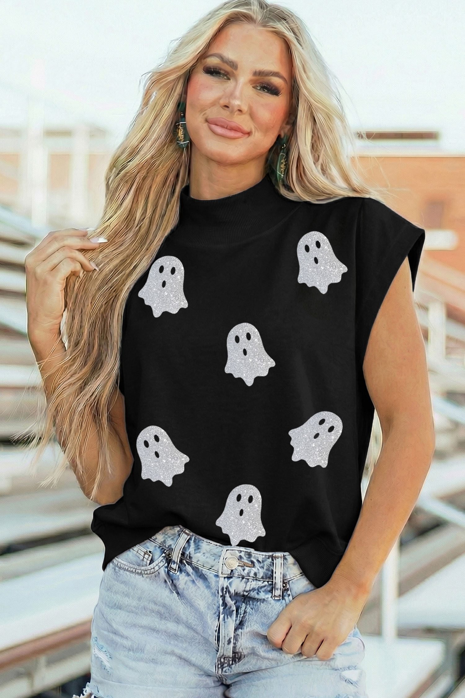 Black Glitter Ghost Print High Neck Cap Sleeve Top
