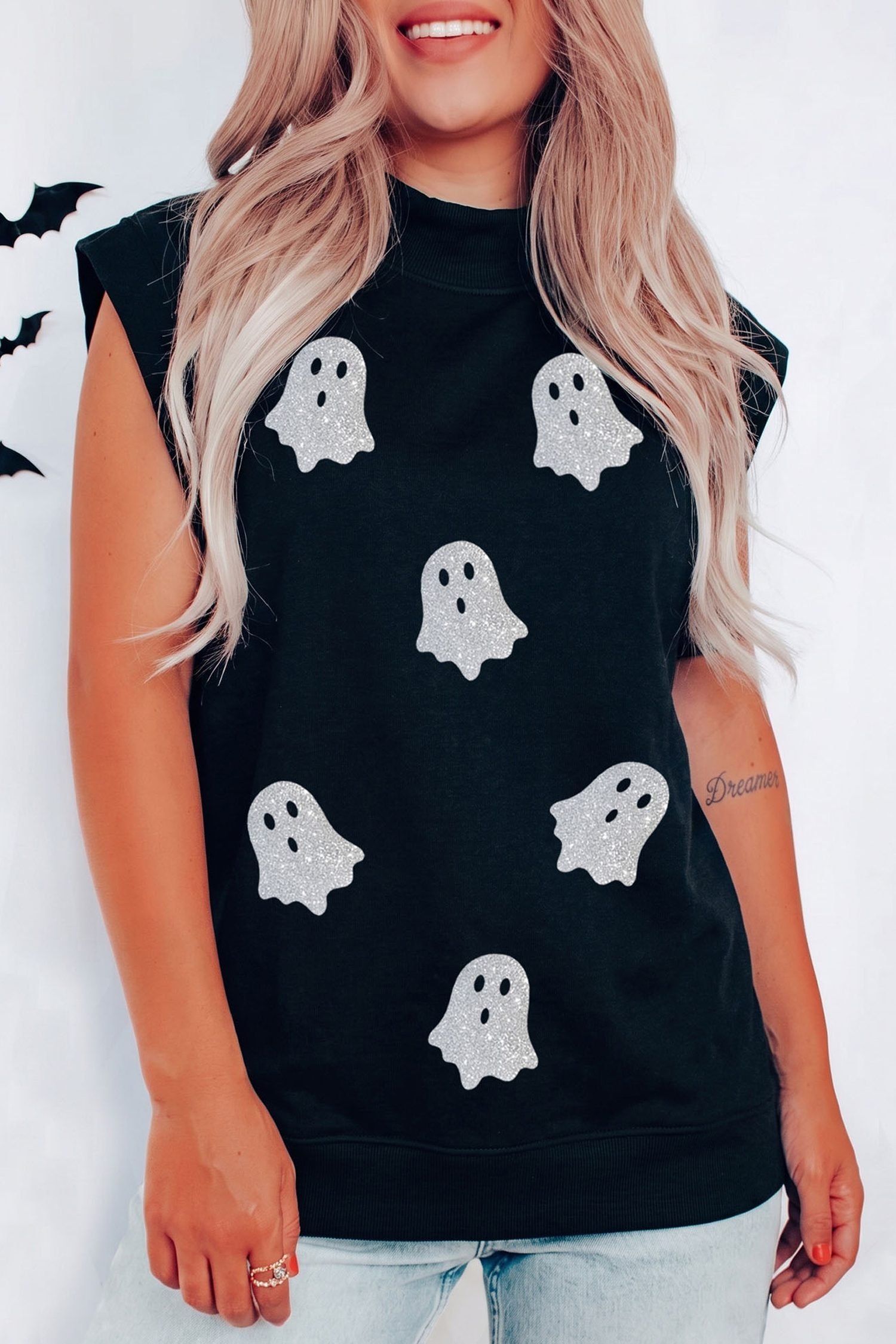 Black Glitter Ghost Print High Neck Cap Sleeve Top