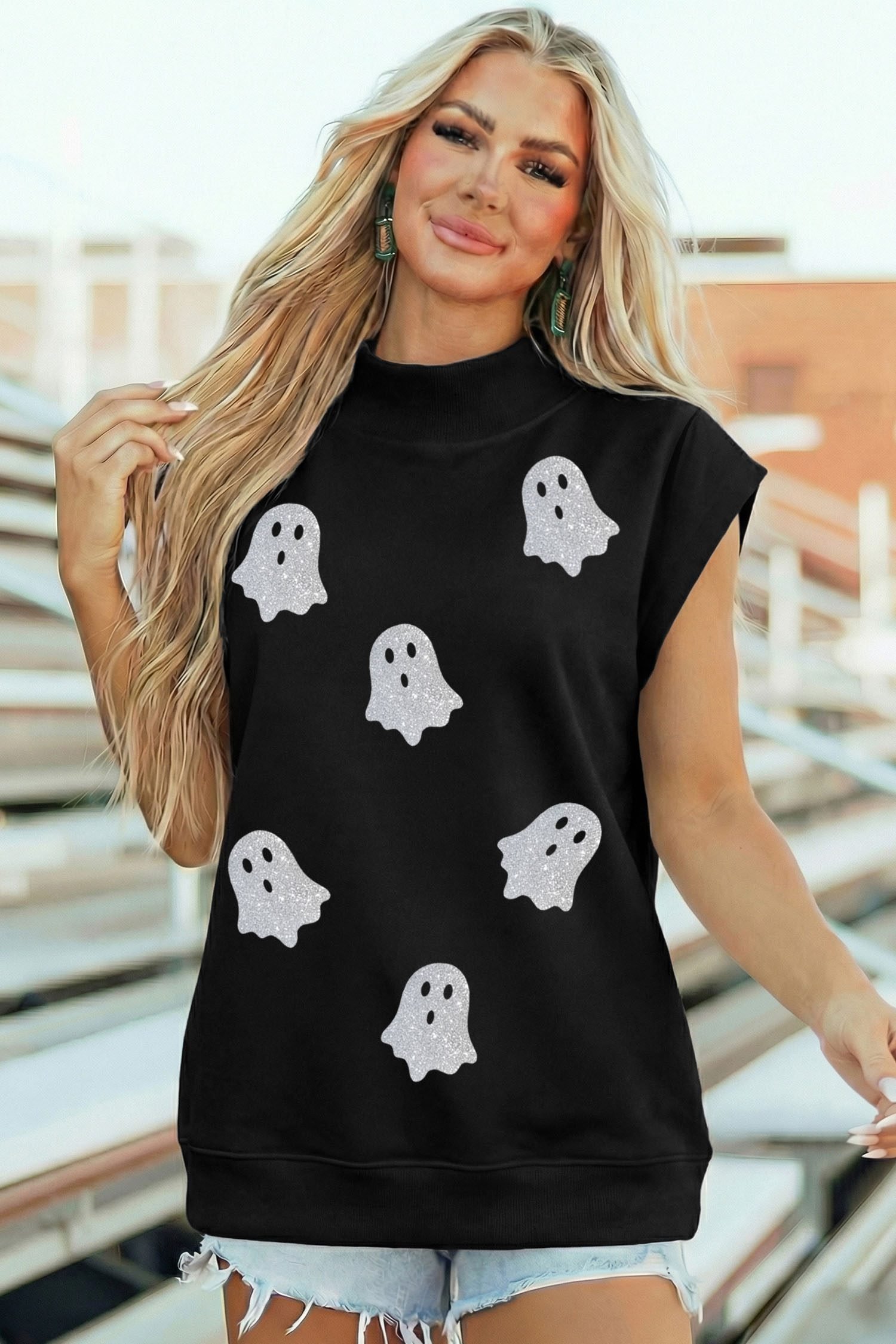 Black Glitter Ghost Print High Neck Cap Sleeve Top