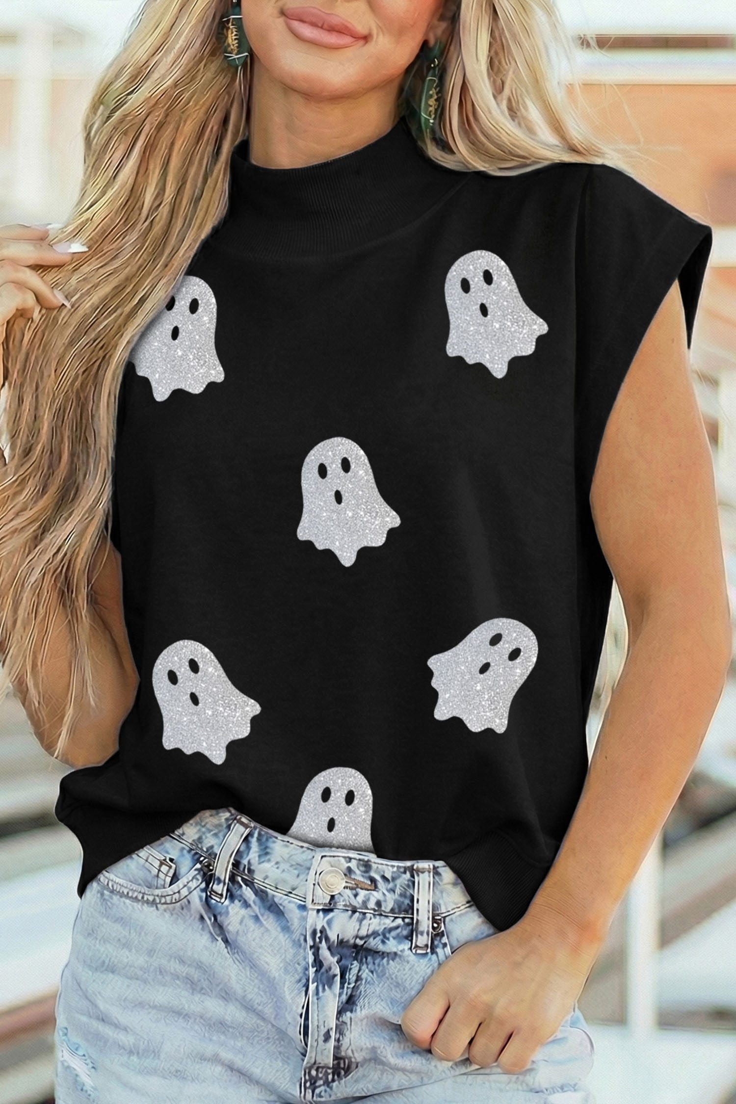 Black Glitter Ghost Print High Neck Cap Sleeve Top