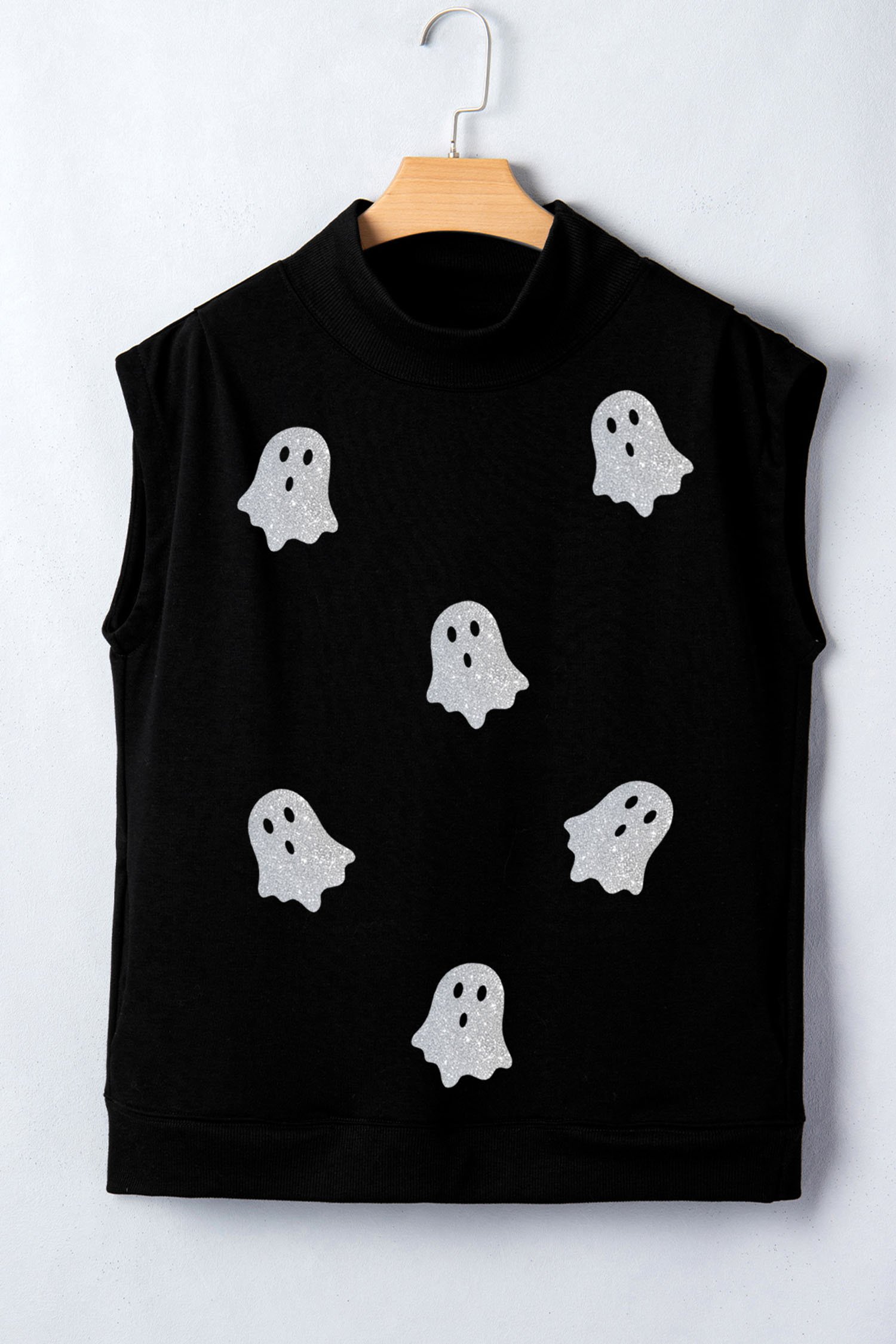 Black Glitter Ghost Print High Neck Cap Sleeve Top