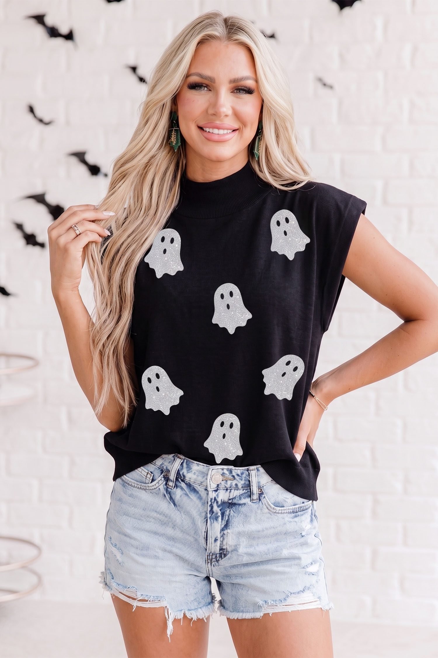 Black Glitter Ghost Print High Neck Cap Sleeve Top