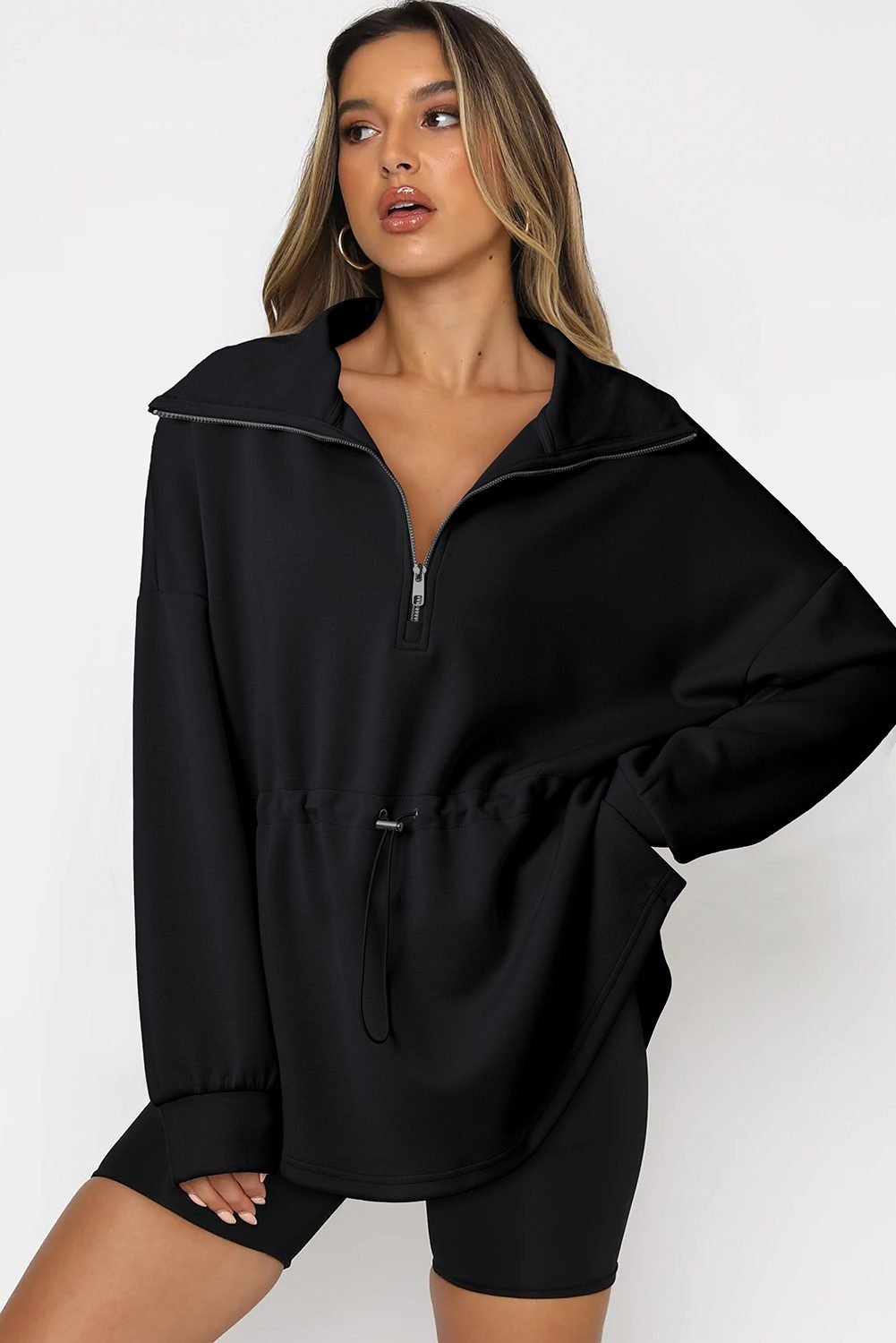 Black Half Zip Large Collar Drawstring Waist Pullover Sweatshirt
