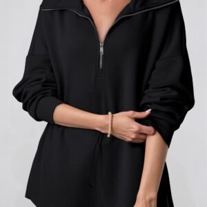 Black Half Zip Large Collar Drawstring Waist Pullover Sweatshirt