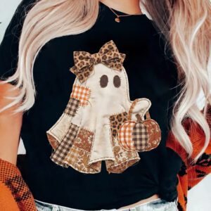 Black Halloween Ghost Applique Graphic T-Shirt