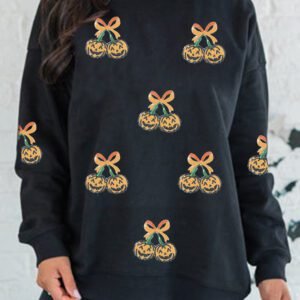 Black Halloween Sequin Pumpkin Graphic Relaxed Pullover Sweatshirt