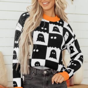 Black High Neck Drop Shoulder Geometric Print Sweater