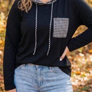 Black Hooded Gingham Paneling Chest Patch Pocket Long Sleeve Plus Size Blouse
