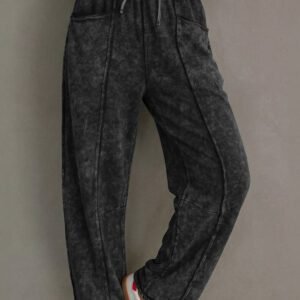Black Mineral Wash Raw Seam Drawstring Elastic Waist Barrel Pants