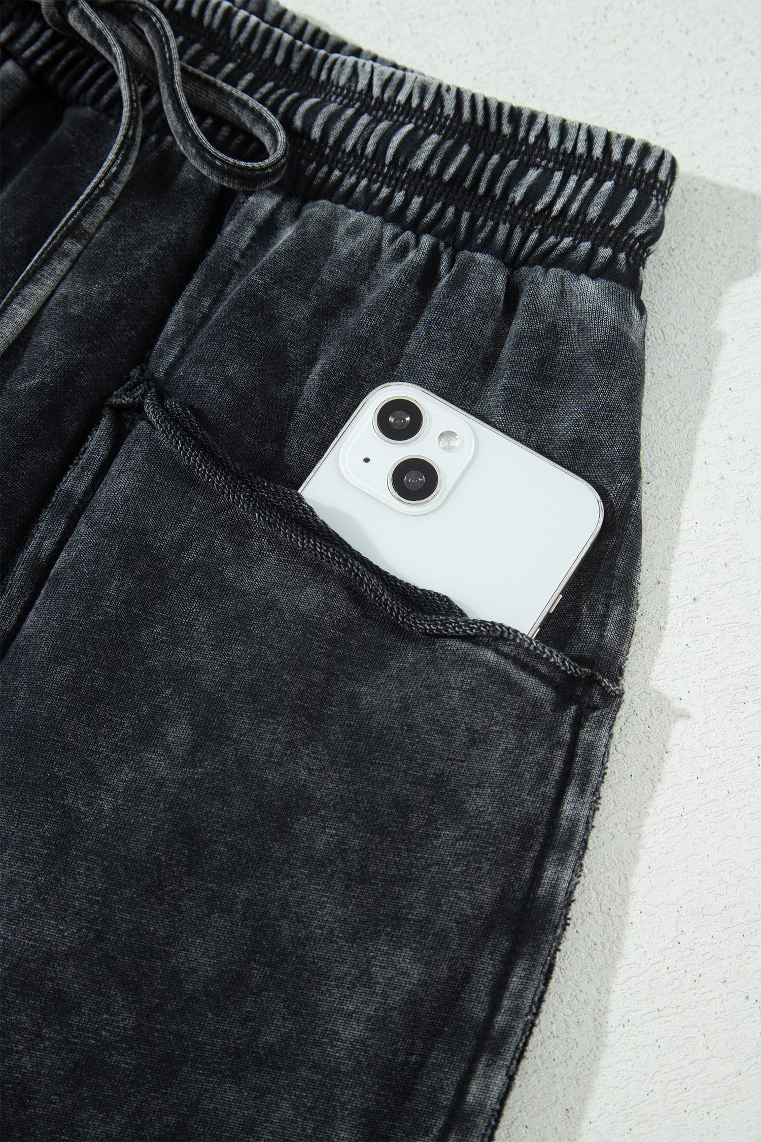 Black Mineral Wash Raw Seam Drawstring Elastic Waist Barrel Pants