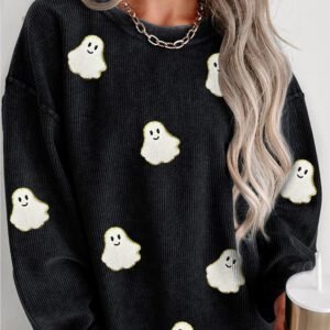 Black Oversized Ghost Print Pullover Corded Sweatshirt