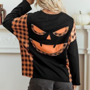 Black Patchwork Plaid Pumpkin Face Long Sleeve Top