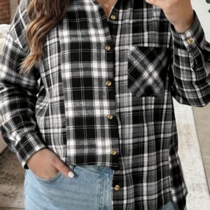 Black Plaid Long Sleeve V Neck Shift Plus Size Shirt Jacket