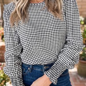 Black Plaid Shirred Cuff Long Sleeve Round Neck Blouse