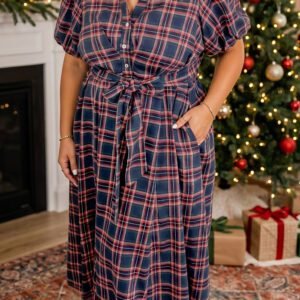 Black Plaid V Neck Belted Waist Short Sleeve Plus Size Dress