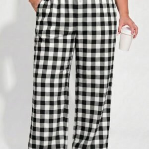 Black Plus Size Plaid Pattern Elastic Waist Shift Pants