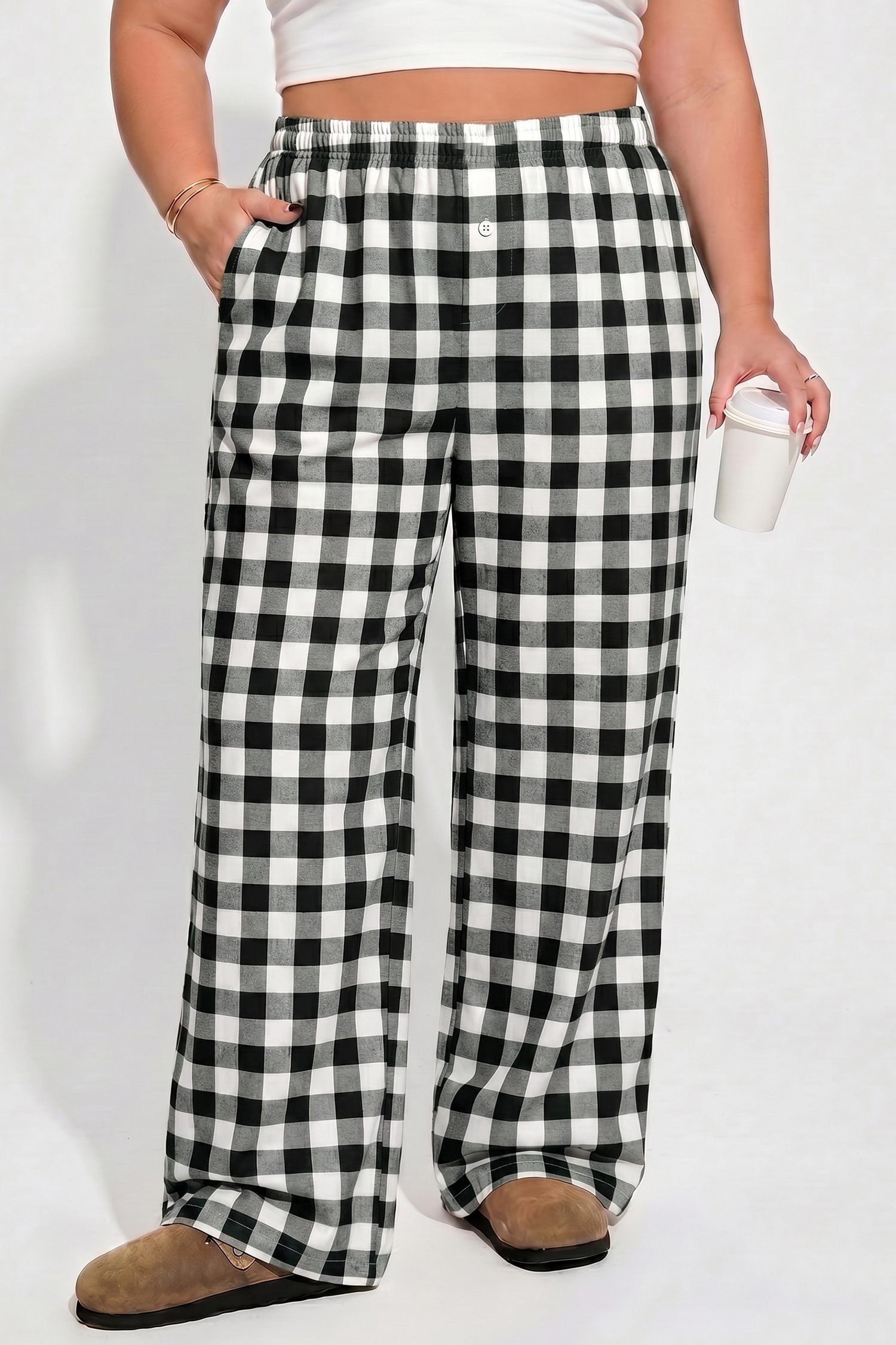 Black Plus Size Plaid Pattern Elastic Waist Shift Pants