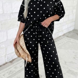 Black Polka Dot Half Sleeve Loose Top Elastic Waist Casual Pants Set