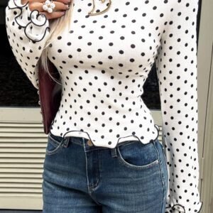 Black Polka Dot Print Lettuce Trim Long Sleeve Top